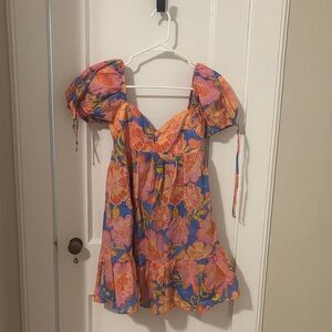 Olivaceous Floral Mini Dress - Orange and Blue